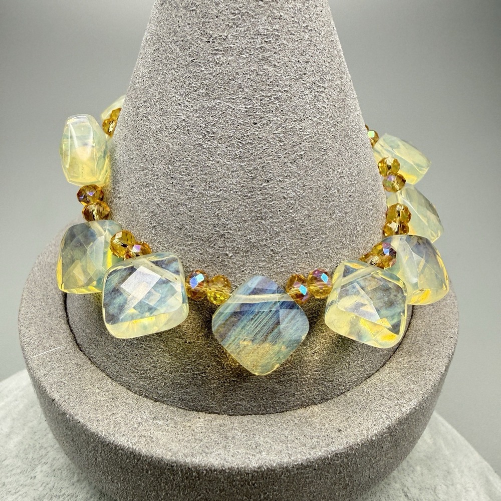 Vintage Opalite Glass Bead Bracelet Yellow Crystal 6.5"